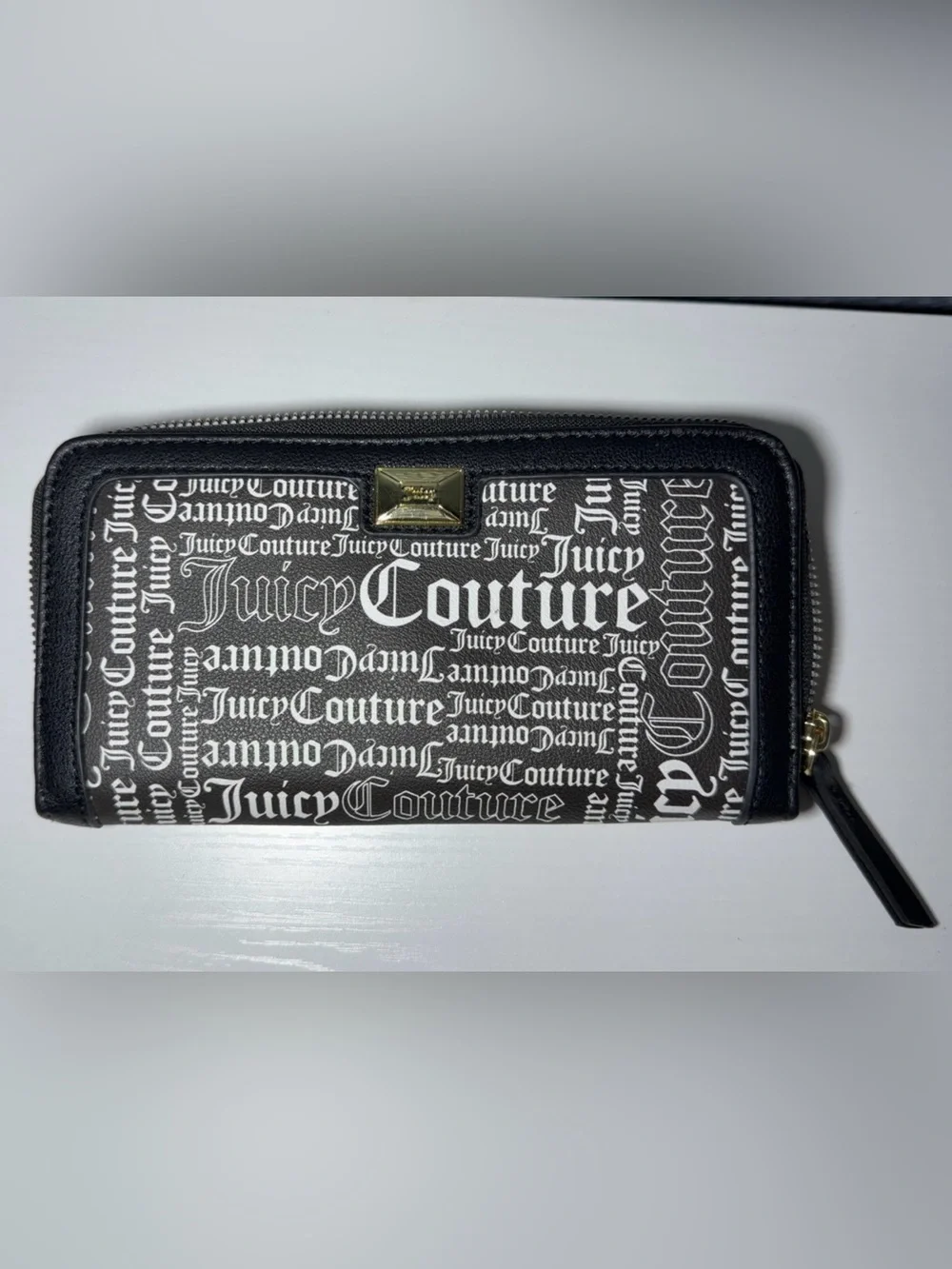 Juicy Couture Black Wallet with White Logo Print and Gold Accent